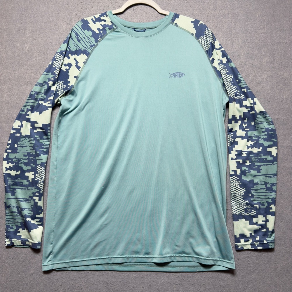 AFTCO Mens Long Sleeve Fishing Shirt Teal Digital Camo Raglan Large Performance‎